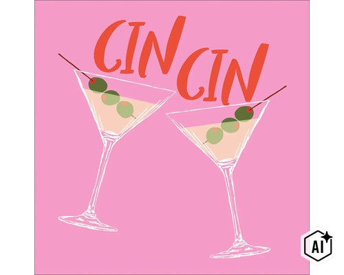 Wandbild mit zwei Martini Gläsern und dem Schriftzug Cin Cin (Image AI modified or generated)