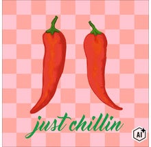 Wandbild mit zwei Chilischoten und dem Schriftzug just chillin auf kariertem Hintergrund (Image AI modified or generated)
