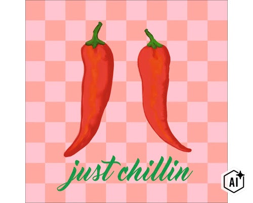 Wandbild mit zwei Chilischoten und dem Schriftzug just chillin auf kariertem Hintergrund (Image AI modified or generated)