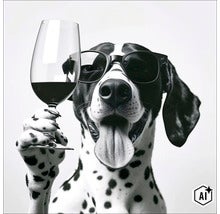 Ein Dalmatiner mit Sonnenbrille hält ein Glas Rotwein in der Pfote. (Image AI modified or generated)