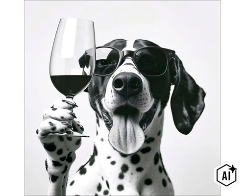 Ein Dalmatiner mit Sonnenbrille hält ein Glas Rotwein in der Pfote. (Image AI modified or generated)