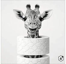 Ein Giraffenkopf schaut aus einer Rolle bedrucktem Toilettenpapier hervor. (Image AI modified or generated)