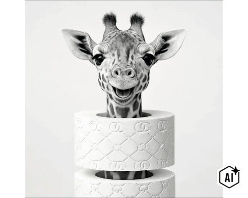 Ein Giraffenkopf schaut aus einer Rolle bedrucktem Toilettenpapier hervor. (Image AI modified or generated)