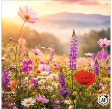 Bunte Wildblumenwiese mit Lupinen und Mohnblumen vor einer bergigen Landschaft im warmen Licht des Sonnenuntergangs. (Image AI modified or generated)