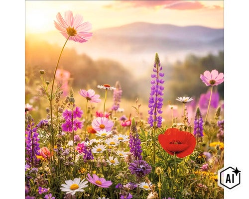 Bunte Wildblumenwiese mit Lupinen und Mohnblumen vor einer bergigen Landschaft im warmen Licht des Sonnenuntergangs. (Image AI modified or generated)
