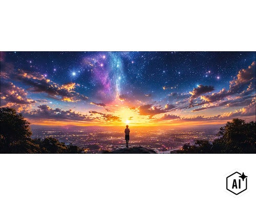 Wandbild mit Motiv einer Person auf einem Berg vor einem nächtlichen Sternenhimmel mit Wolken über einer beleuchteten Stadtlandschaft. (Image AI modified or generated)