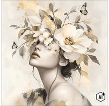 Wandbild mit einer Frau als Motiv, verziert mit floralen Elementen, Schmetterlingen und Akzenten in Goldoptik. (Image AI modified or generated)