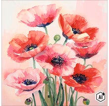 Wandbild mit einem floralen Aquarellmotiv aus Mohnblumen in verschiedenen Stadien der Blüte auf hellem Untergrund. (Image AI modified or generated)