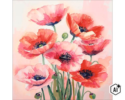 Wandbild mit einem floralen Aquarellmotiv aus Mohnblumen in verschiedenen Stadien der Blüte auf hellem Untergrund. (Image AI modified or generated)