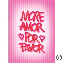 Wandbild mit Schriftzug More Amor por favor und Herzsymbolen auf gestreiftem Untergrund (Image AI modified or generated)