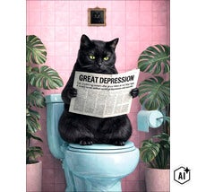 Eine schwarze Katze sitzt auf einer Toilette und liest eine Zeitung in einem gefliesten Badezimmer mit Pflanzen. (Image AI modified or generated)