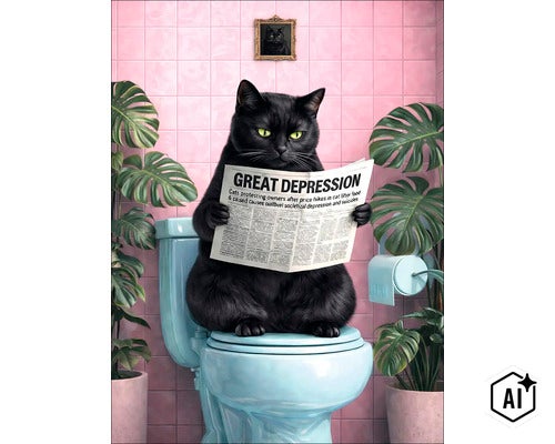 Eine schwarze Katze sitzt auf einer Toilette und liest eine Zeitung in einem gefliesten Badezimmer mit Pflanzen. (Image AI modified or generated)