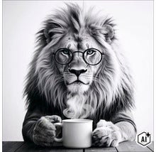 Ein Löwe mit Brille sitzt an einem Tisch und hält eine dampfende Kaffeetasse. (Image AI modified or generated)