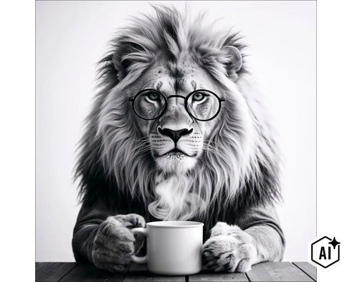 Ein Löwe mit Brille sitzt an einem Tisch und hält eine dampfende Kaffeetasse. (Image AI modified or generated)