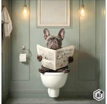 Eine französische Bulldogge sitzt auf einer wandhängenden Toilette in einem Badezimmer und liest eine Zeitung. (Image AI modified or generated)