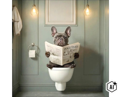Eine französische Bulldogge sitzt auf einer wandhängenden Toilette in einem Badezimmer und liest eine Zeitung. (Image AI modified or generated)