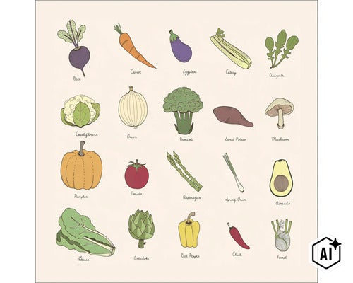 Illustration mit verschiedenen Gemüsesorten, beschriftet mit ihren englischen Namen. (Image AI modified or generated)