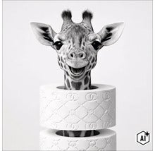 Ein Giraffenkopf schaut durch zwei Rollen Toilettenpapier mit eingeprägtem Muster. (Image AI modified or generated)