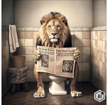 Ein Löwe sitzt auf einer Toilette in einem gefliesten Badezimmer und liest eine Zeitung. (Image AI modified or generated)