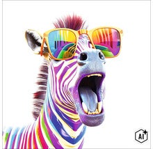 Wandbild mit einem bunten Zebra mit Sonnenbrille im Pop Art Stil (Image AI modified or generated)