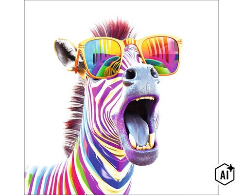 Wandbild mit einem bunten Zebra mit Sonnenbrille im Pop Art Stil (Image AI modified or generated)