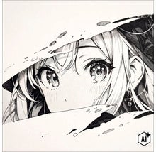 Schwarz-Weiß-Zeichnung im Manga-Stil zeigt das Gesicht einer jungen Frau mit großen, ausdrucksstarken Augen unter einem Hutrand. (Image AI modified or generated)