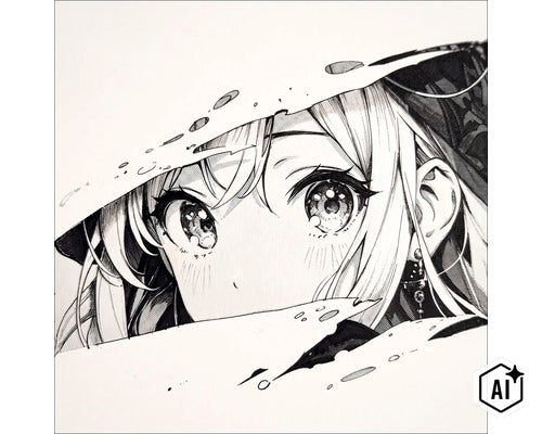 Schwarz-Weiß-Zeichnung im Manga-Stil zeigt das Gesicht einer jungen Frau mit großen, ausdrucksstarken Augen unter einem Hutrand. (Image AI modified or generated)