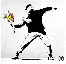 Wandbild mit Banksy Motiv Blumenwerfer als Kunstdruck zur Wanddekoration (Image AI modified or generated)