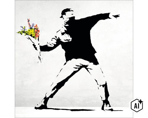 Wandbild mit Banksy Motiv Blumenwerfer als Kunstdruck zur Wanddekoration (Image AI modified or generated)