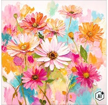 Wandbild mit abstraktem Blumendekor und farbenfrohen Blüten in Ölmalereioptik (Image AI modified or generated)