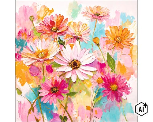 Wandbild mit abstraktem Blumendekor und farbenfrohen Blüten in Ölmalereioptik (Image AI modified or generated)