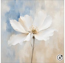 Wandbild mit Motiv einer einzelnen weißen Blume auf strukturiertem Hintergrund im quadratischen Format als dekoratives Wohnaccessoire. (Image AI modified or generated)