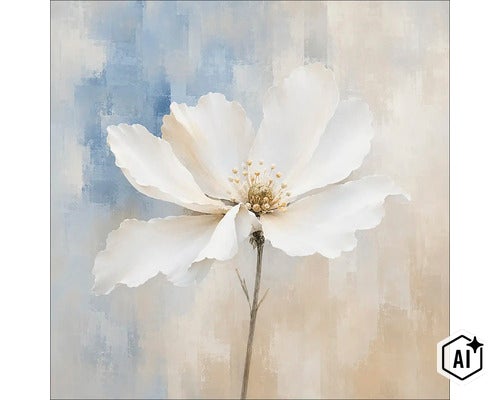 Wandbild mit Motiv einer einzelnen weißen Blume auf strukturiertem Hintergrund im quadratischen Format als dekoratives Wohnaccessoire. (Image AI modified or generated)
