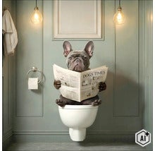 Französische Bulldogge sitzt auf einer Wand-WC-Schüssel in einem modern gestalteten Badezimmer mit Wandleuchten. (Image AI modified or generated)