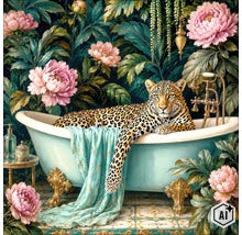 Freistehende Badewanne auf Füßen in einem Badezimmer mit Blumenmuster Tapete und einem Leopard Motiv. (Image AI modified or generated)