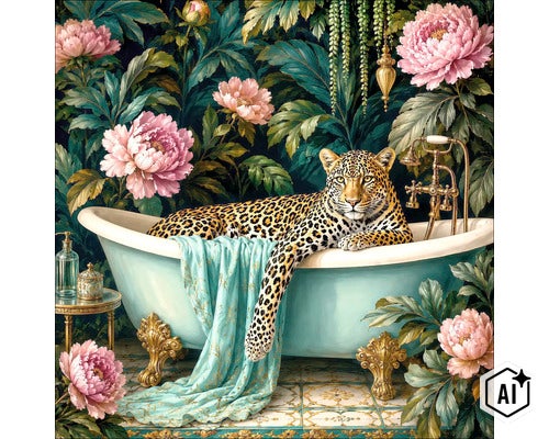 Freistehende Badewanne auf Füßen in einem Badezimmer mit Blumenmuster Tapete und einem Leopard Motiv. (Image AI modified or generated)