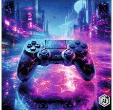 Gaming Controller mit Blitzmuster Design in einer futuristischen Stadtkulisse. (Image AI modified or generated)