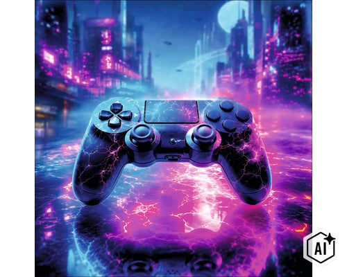 Gaming Controller mit Blitzmuster Design in einer futuristischen Stadtkulisse. (Image AI modified or generated)