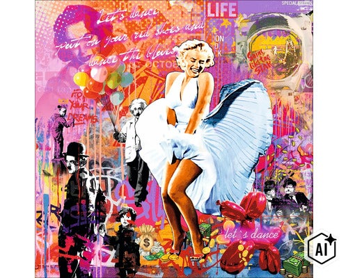 Wandbild mit Pop Art Collage, zeigt Marilyn Monroe, Charlie Chaplin und Albert Einstein in einem graffiti-artigen, bunten Kunstwerk für die Wand. (Image AI modified or generated)