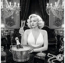 Schwarz-Weiß-Wandbild einer Frau im Stil von Marilyn Monroe mit Champagnerglas in einem luxuriösen Raum mit Kronleuchtern. (Image AI modified or generated)