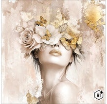 Wandbild mit abstraktem Motiv einer Frau, die Blumen und Schmetterlinge als Kopfschmuck trägt, gestaltet im eleganten Stil mit metallischen Effekten. (Image AI modified or generated)