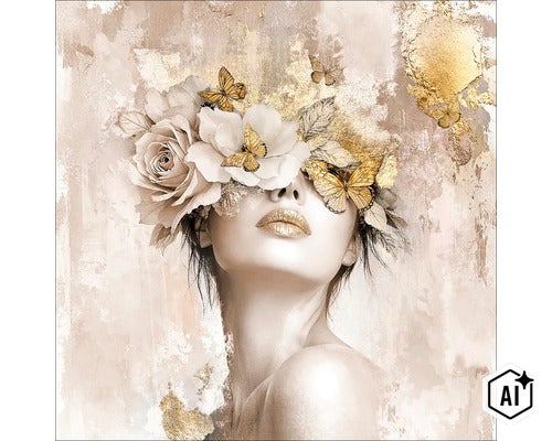 Wandbild mit abstraktem Motiv einer Frau, die Blumen und Schmetterlinge als Kopfschmuck trägt, gestaltet im eleganten Stil mit metallischen Effekten. (Image AI modified or generated)