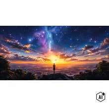 Eine Person betrachtet eine weite Stadtlandschaft bei Sonnenuntergang und einem sternenklaren Nachthimmel mit einer Galaxie. (Image AI modified or generated)
