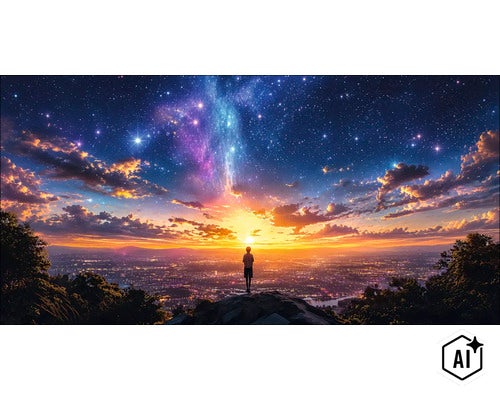Eine Person betrachtet eine weite Stadtlandschaft bei Sonnenuntergang und einem sternenklaren Nachthimmel mit einer Galaxie. (Image AI modified or generated)