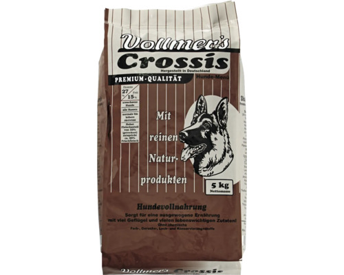 Vollmer's Crossis Hundefutter, 5 Kilogramm Packung mit Geflügel für ausgewachsene Hunde aller Rassen.