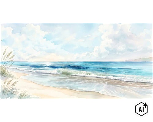 Aquarellbild eines sonnigen Strandes mit sanften Wellen, Dünengras im Vordergrund und einem bewölkten Himmel. (Image AI modified or generated)