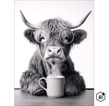 Wandbild eines zotteligen schottischen Hochlandrindes mit Brille und einer Tasse Kaffee vor einem hellen Hintergrund. (Image AI modified or generated)