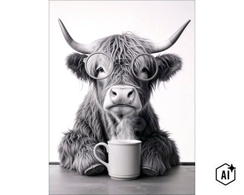 Wandbild eines zotteligen schottischen Hochlandrindes mit Brille und einer Tasse Kaffee vor einem hellen Hintergrund. (Image AI modified or generated)