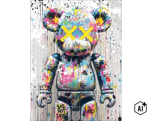 Wandbild mit einer Bärenfigur im Street Art Stil mit Graffiti, Farbspritzern und dem Schriftzug Dream Big. (Image AI modified or generated)