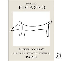 Wandbild mit einer minimalistischen Linienzeichnung eines Dackels im Picasso Stil mit Text Hommage a Picasso und Musee d Orsay Paris (Image AI modified or generated)